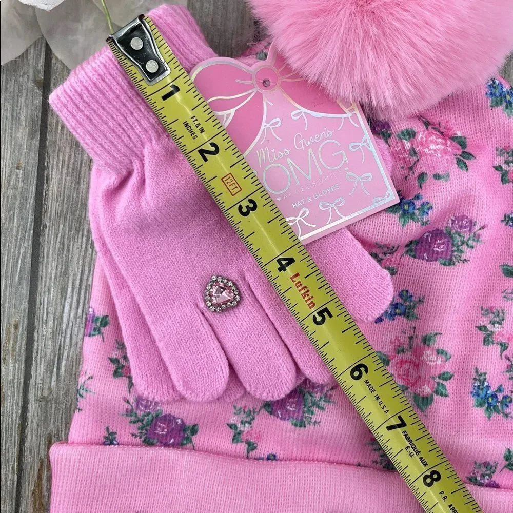 Pink Floral Rhinestone Jewel Hat and Gloves Set
